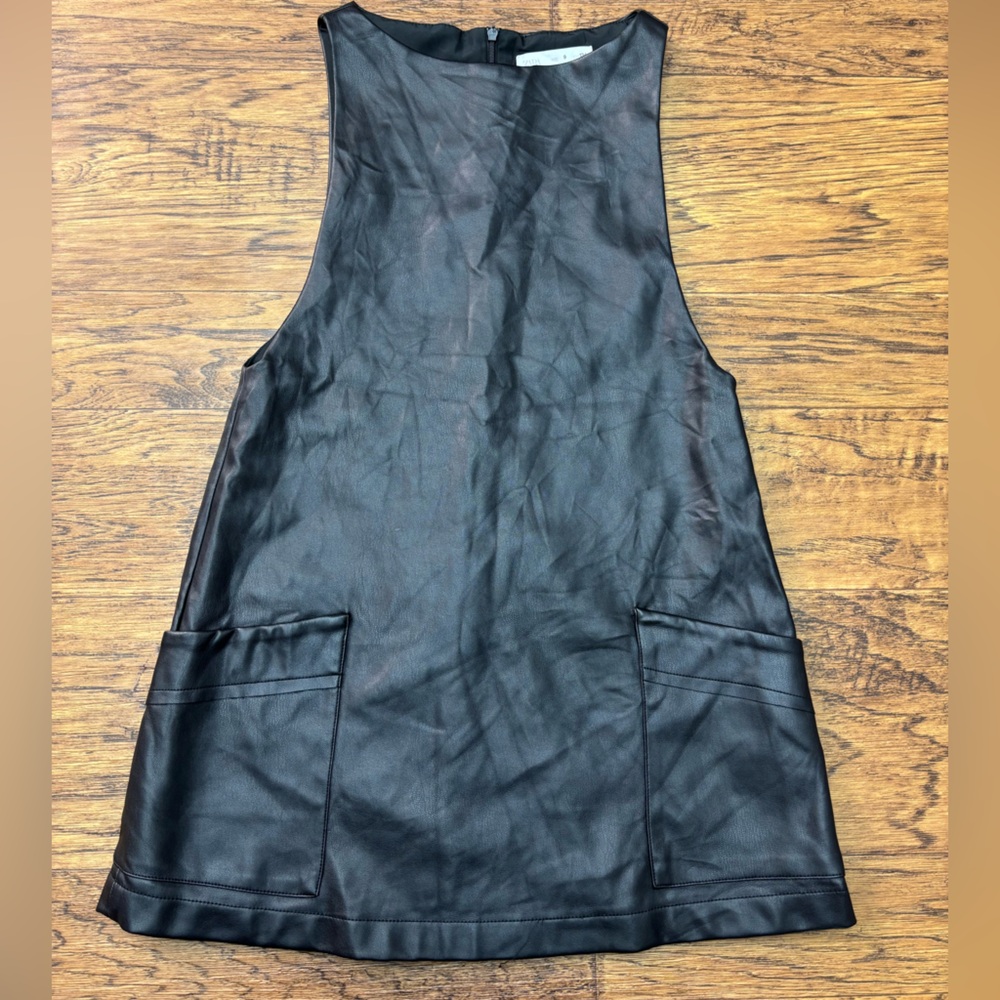 Zara Black Faux Leather Pinafore with Zip and Inner Lining
